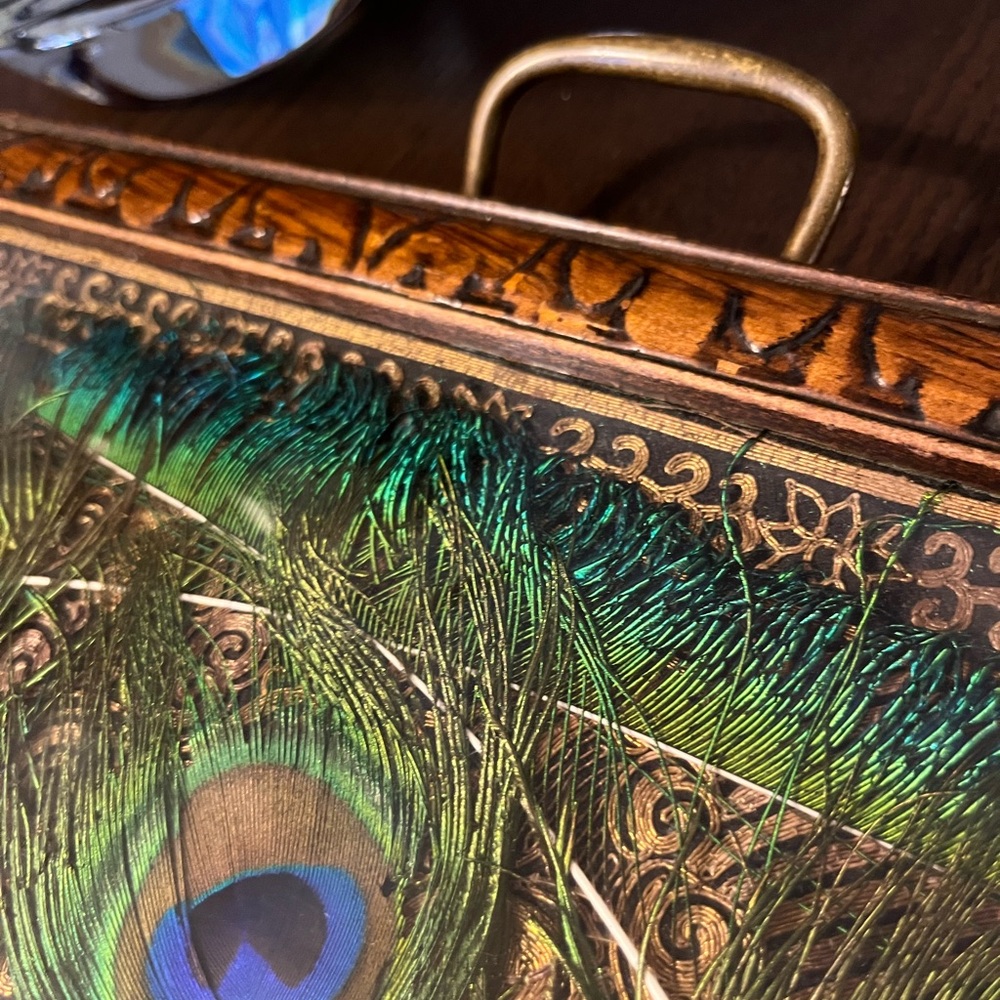 Vintage Peacock Feather Serving Tray – Brass Handles, Glass Top - Picture 6 of 6